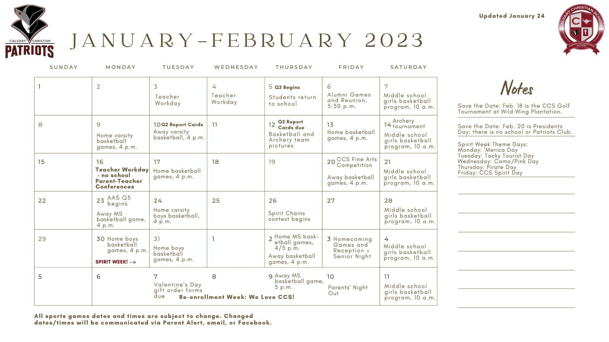 Calendar Calvary Christian School